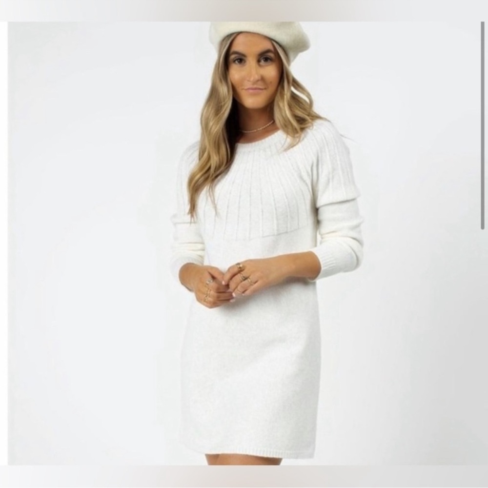 Francesca’s blue rain white wool blend sweater dress with gray velvet tie